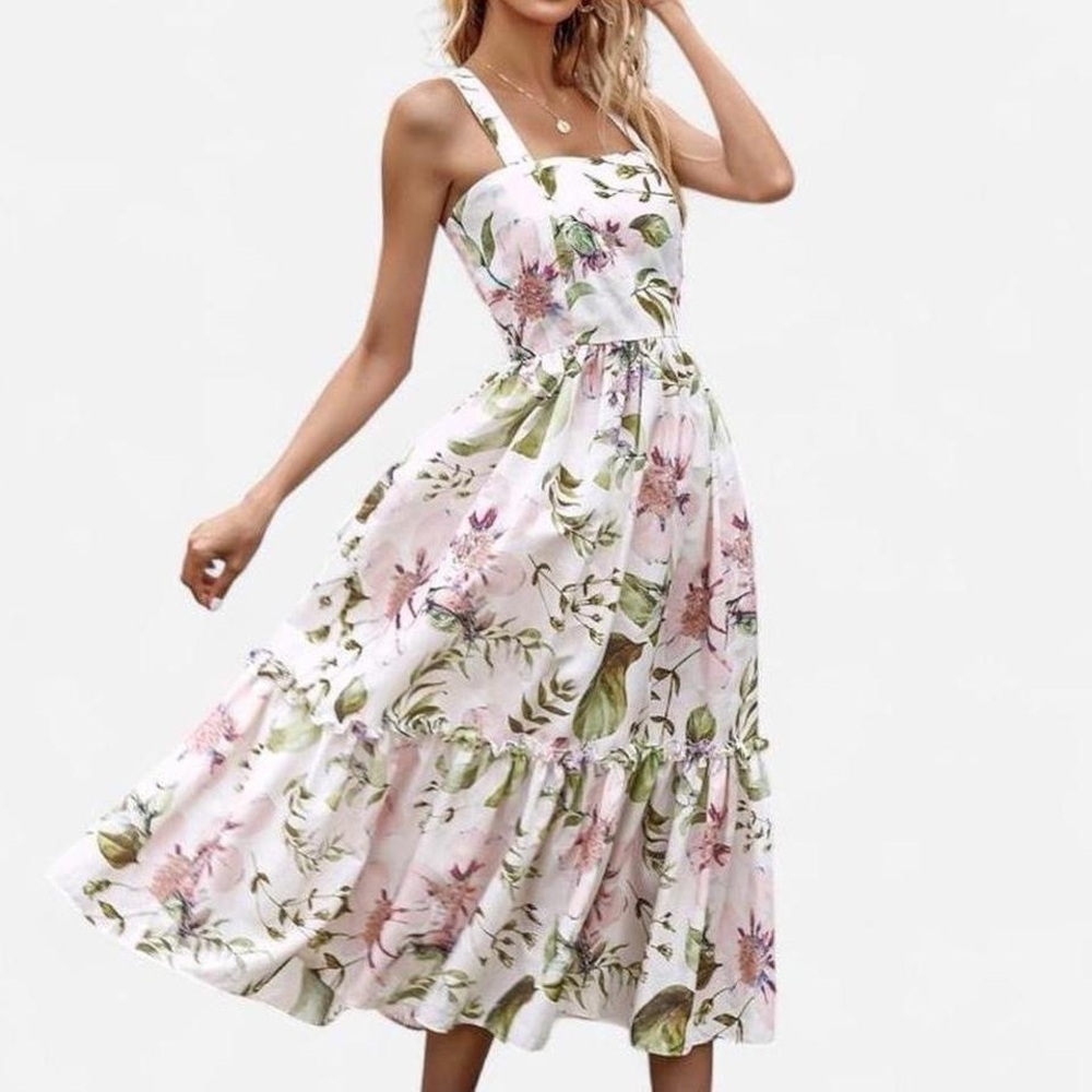 Boho Pink Floral Print midi dress